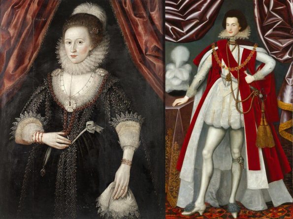 Портреты Уильяма Ларкина. Слева: Леди Лове. 1610-1620 гг. Частная коллекция. Справа: Джордж Вилльерс, Букингемский герцог, 1616 г. Национальная портретная галерея, Лондон