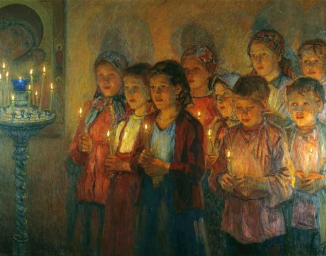 1899-Bogdanov-Belsky-They are in a church-Богданов-Бельский-В церкви