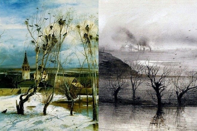 Картины Алексея Саврасова «Грачи прилетели» и «Пейзаж. Село Волынское»