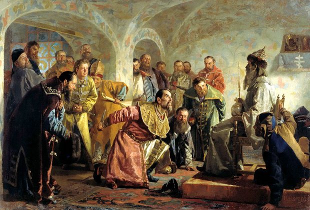«Опричники», художник Н.В. Неврев (изображено убийство боярина И.П. Федорова (1568), которого Грозный, обвинив в желании захватить власть, заставил надеть царские одежды и сесть на трон, после чего зарезал)