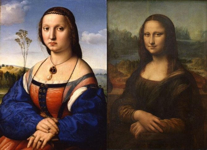 Слева: Рафаэль. Портрет Маддалены Строцци. Справа: Леонардо да Винчи. Мона Лиза.